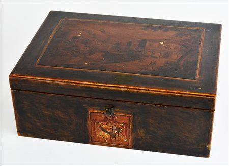 SCATOLA DA CUCITO in legno tinto a palissandro, decorata con stampe di...