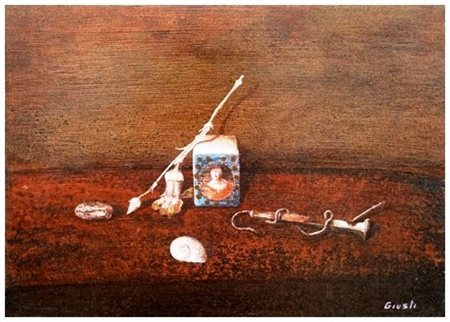 ALDO GIUSTI 1946 Chiodo e filo rugginoso 1992 Olio su tavola 30 x 40. Firma...