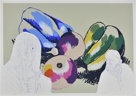 Concetto Pozzati NATURA MORTA E FIGURE serigrafia su carta, cm 50x70; es....
