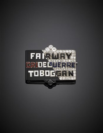 Spilla in platino onice e diamanti per complessivi ct. 1 circa rifinita in smal