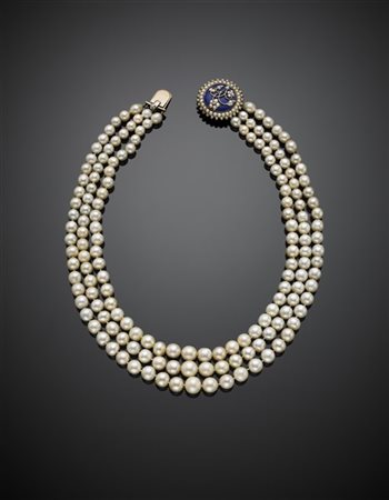 Collana a tre fili a scalare di perle naturali d'acqua salata da mm 5,75 a mm 9