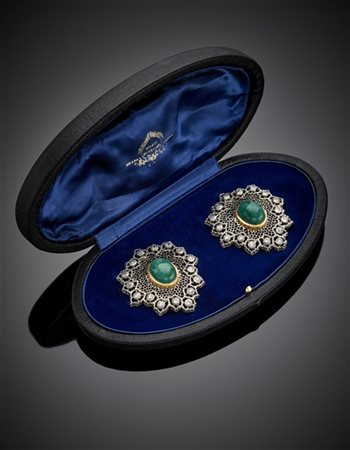 BUCCELLATI 
Grandi orecchini in oro bianco e giallo traforato con diamanti e du