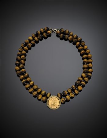 Collana a due fili di boules di occhio di tigre con centrale e chiusura in oro