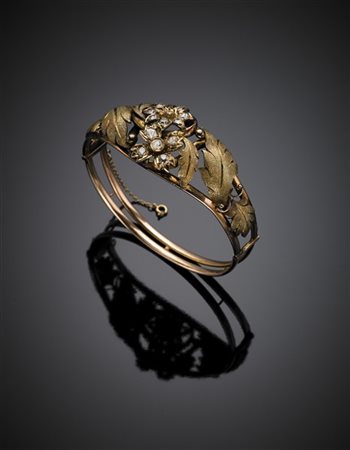 Bracciale rigido in oro 750/1000 e 333/1000 con diamanti old mine a formare due