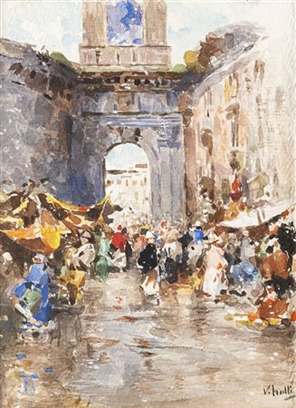 Vincenzo Irolli "Scena di mercato" 
acquerello su carta (cm 19x14)
Firmato in ba
