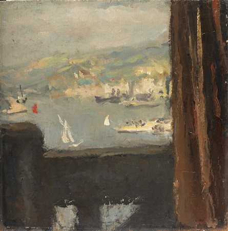 Arturo Rietti "Trieste dal balcone" 
olio su compensato (cm 27x27)
Al retro: isc