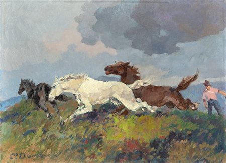 Carlo Domenici "Cavalli in corsa" 
olio su masonite (cm 35x50)
Firmato in basso