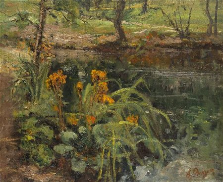 Leonardo Bazzaro "Fiori nel lago" 
olio su tela (cm 40x50)
Firmato in basso a de