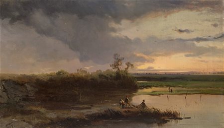 Gaetano Fasanotti "Paesaggio al tramonto" 
olio su tela (cm 41x70)
Siglato in ba