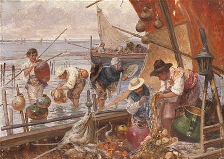 Riccardo Pellegrini "Pescatori" olio su compensato
 (cm 25x35)
Firmato e datato