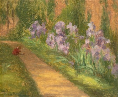 Ugo Bernasconi "Bimba in giardino" 
olio su cartone (cm 28x34,5)
Firmato in bass