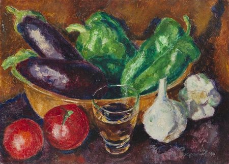 Georges De Pogedaieff Anatolevich "Vino e ortaggi" 1966
olio su faesite (cm 32x4