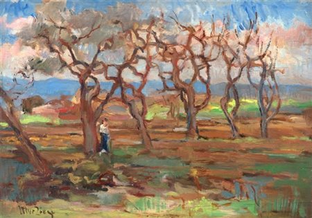 Ulvi Liegi "Nel campo…" 
olio su tavola (cm 24,5x35)
Firmato in basso a sinistra