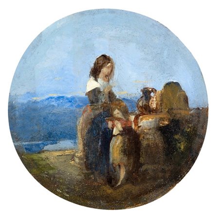 Anton Sminck Van Pitloo "Alla fonte" 
olio su carta applicata a cartone (d cm 17