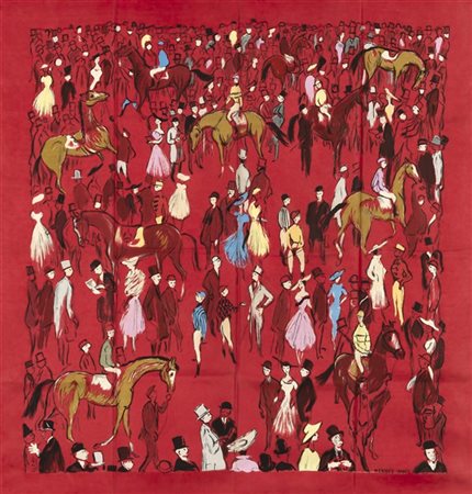 HERMÈS 
Foulard in seta "Paddock", Jean-Louis Clerc 1956, fondo rosso rubino (l