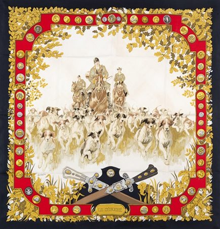 HERMÈS 
Foulard in seta "Le Débuché", Charles Hallo 1969, fondo bianco bordo ne