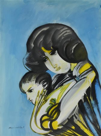 Remo Brindisi MATERNITA' tempera su carta applicata su tela, cm 70x50 firma...