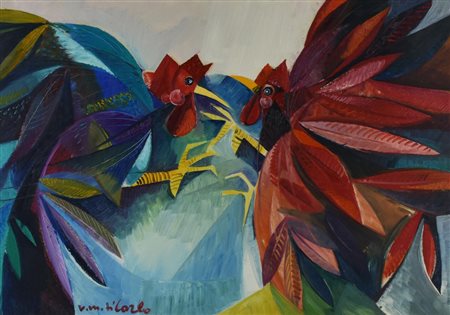 Vittorio Maria Di Carlo LA BATTAGLIA DEI GALLI olio su tela, cm 50x70 firma...