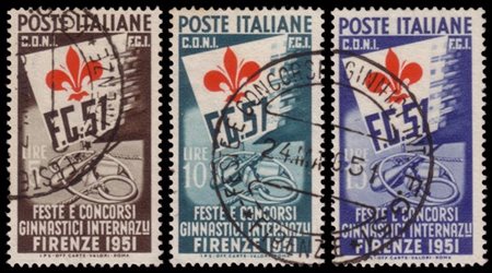 REPUBBLICA 1951
"Giochi Ginnici". Serie completa di 3 valori con annullo specia