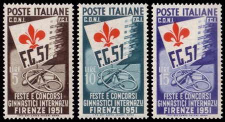 REPUBBLICA 1951
Varietà, "Giochi ginnici". Serie completa di 3 valori, 5 e 15 l