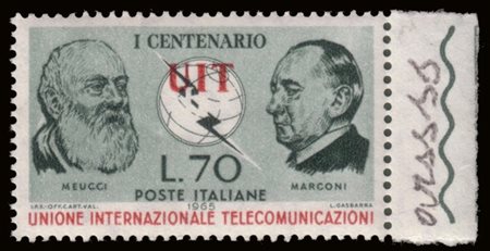 REPUBBLICA 1965
Varietà. 70 lire "UIT" scritta in rosso in basso, bordo di fogl