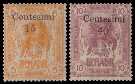 SOMALIA 1905
"Leoni". Serie completa di 2 valori soprastampati a Zanzibar

Cert