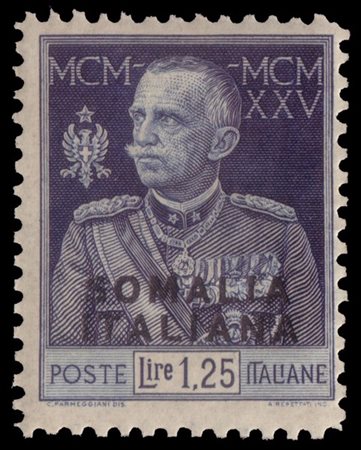 SOMALIA 1926
"Giubileo del Re". 1,25 lire azzurro D.11

Firma A. Diena, G. Bola