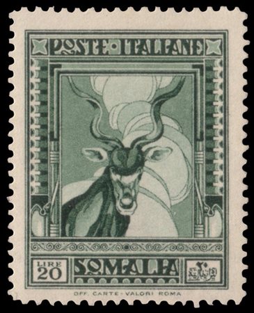 SOMALIA 1927
"Pittorica". 20 lire verde D.14 "Antilope Kundù"

Cert. M. Raybaud