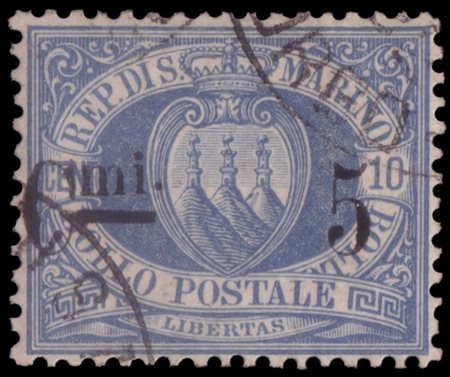 SAN MARINO 1892
"Stemma". 5c./10c. oltremare

Cert. S. Sorani, A. Zanaria. Firm