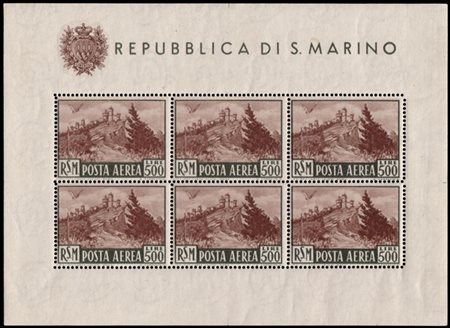 SAN MARINO 1951
Foglietto posta aerea. 500 lire "Veduta"

Cert. En. Diena

MNH.