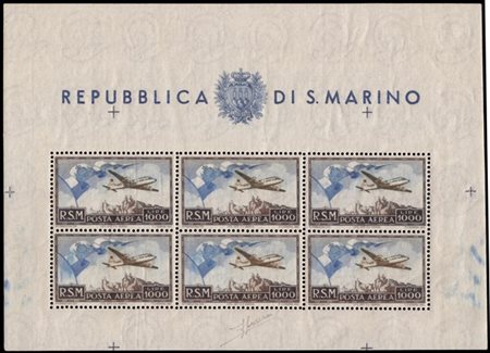 SAN MARINO 1951
Foglietto posta aerea. 1000 lire "Bandiera, aereo e veduta"

Ce