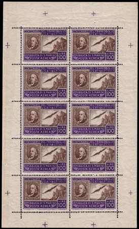 SAN MARINO 1947
Minifoglio. 100 lire "Centenario del primo francobollo di Stati