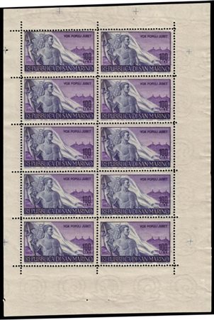 SAN MARINO 1948
Minifoglio. 100 lire "Lavoro", non piegato

Cert. En. Diena, B.