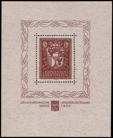 LIECHTENSTEIN 1934
Foglietto "Esposizione filatelica di Vaduz". 5 franchi bruno