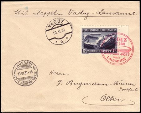 LIECHTENSTEIN
Zeppelin 1931 (jun. 10)
Fahrt Vaduz-Lausanne. Cover from Vaduz, v