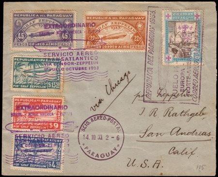 PARAGUAY
Zeppelin 1933
Cover from Asunción, via Chicago to San Andreas (USA), f