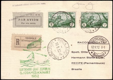 TRIPOLITANIA
Zeppelin 1932 (sep. 10)
6. Südamerikafahrt. Card from Tripoli, via