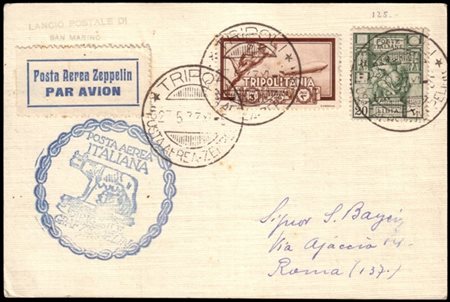 TRIPOLITANIA
Zeppelin 1933 (may 27
Italienfahrt. Card from Tripoli to Rome, fra