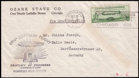 UNITED STATES
Zeppelin 1933 (oct. 26)
Chicagofahrt. Cover from Chicago, via Fri