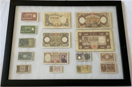 Piccola collezione di banconote della Lira italiana in unica cornice.