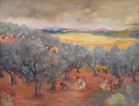 Mino Maccari Siena 1898 - Roma 1989 La raccolta delle olive Olio su tela, cm....