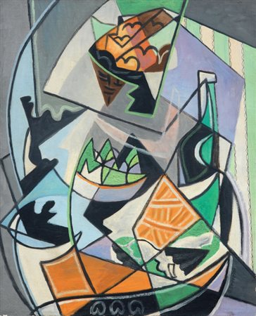 Gino Severini Cortona (Ar) 1883 - Parigi 1966 Vaso verde su tavolino nero,...