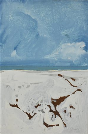 Giovanni Checchi SPIAGGIA tempera su masonite, cm 60x40 firma sul retro: titolo