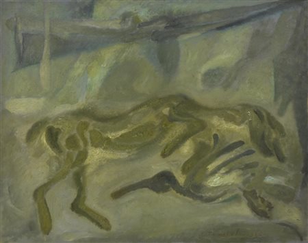 Eugenio Tomiolo CACCIAGIONE olio su tela, cm 60x73 firma e data sul retro:...