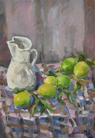 Franco Martinengo NATURA MORTA olio su cartone, cm 50x35 firma sul retro:...