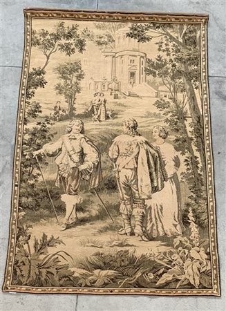 Arazzo meccanico raffigurante scena bucolica con nobiluomini e dame in un parco