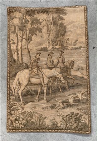 Arazzo meccanico raffigurante una scena di caccia con cavalieri e cani in riva