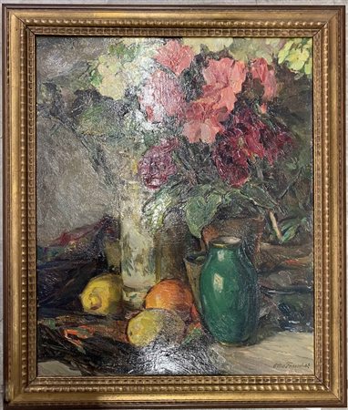 Otto Tauschek "Composizione con fiori e frutta" olio su tela (cm 57x46) Firmato