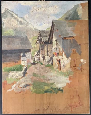 Firma indecifrata "Paesaggio montano con case" 
olio su tavola
cm 60x46
firmato