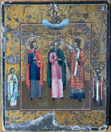 Icona ad olio su tavola raffigurante Santi. Russia, secolo XIX (cm 26,5x22) (gr